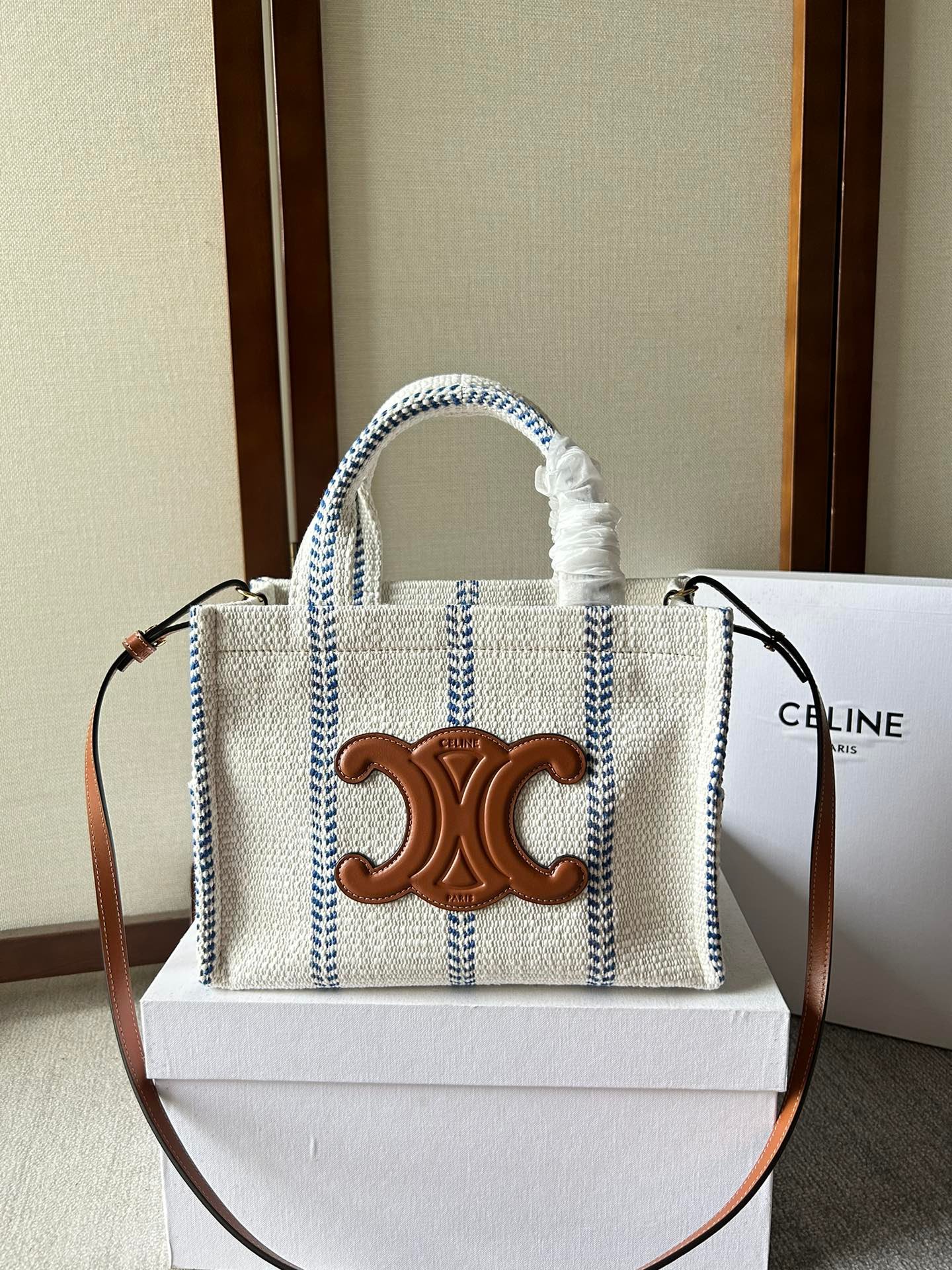 Celine賽琳原單包包 TRIOMPHE帆布 藍白條布料及小牛皮小型Cabas Thais手袋