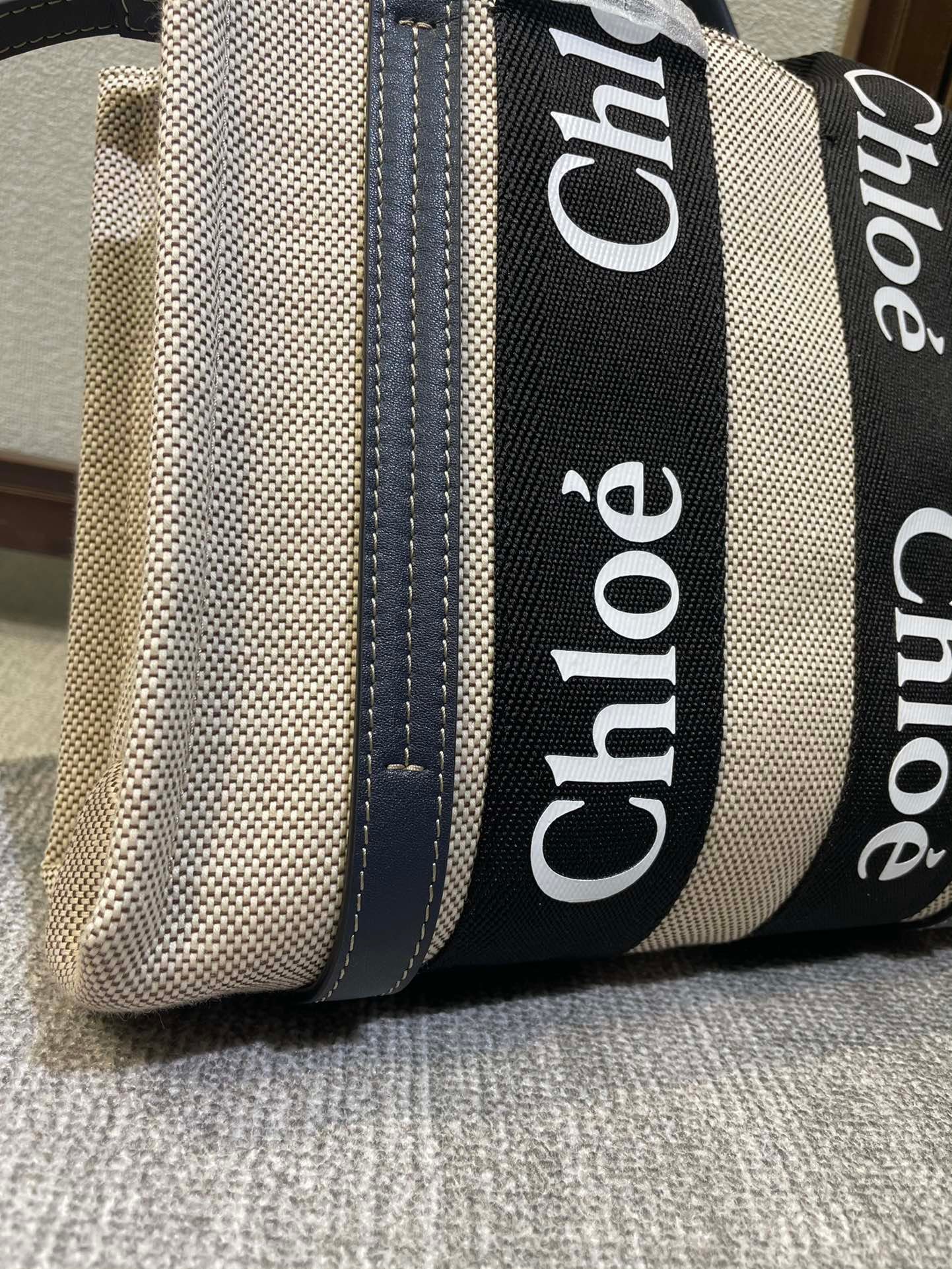 一比一複刻Chloe蔻依包 亞麻帆布小號Woody托特包肩帶款 深藍