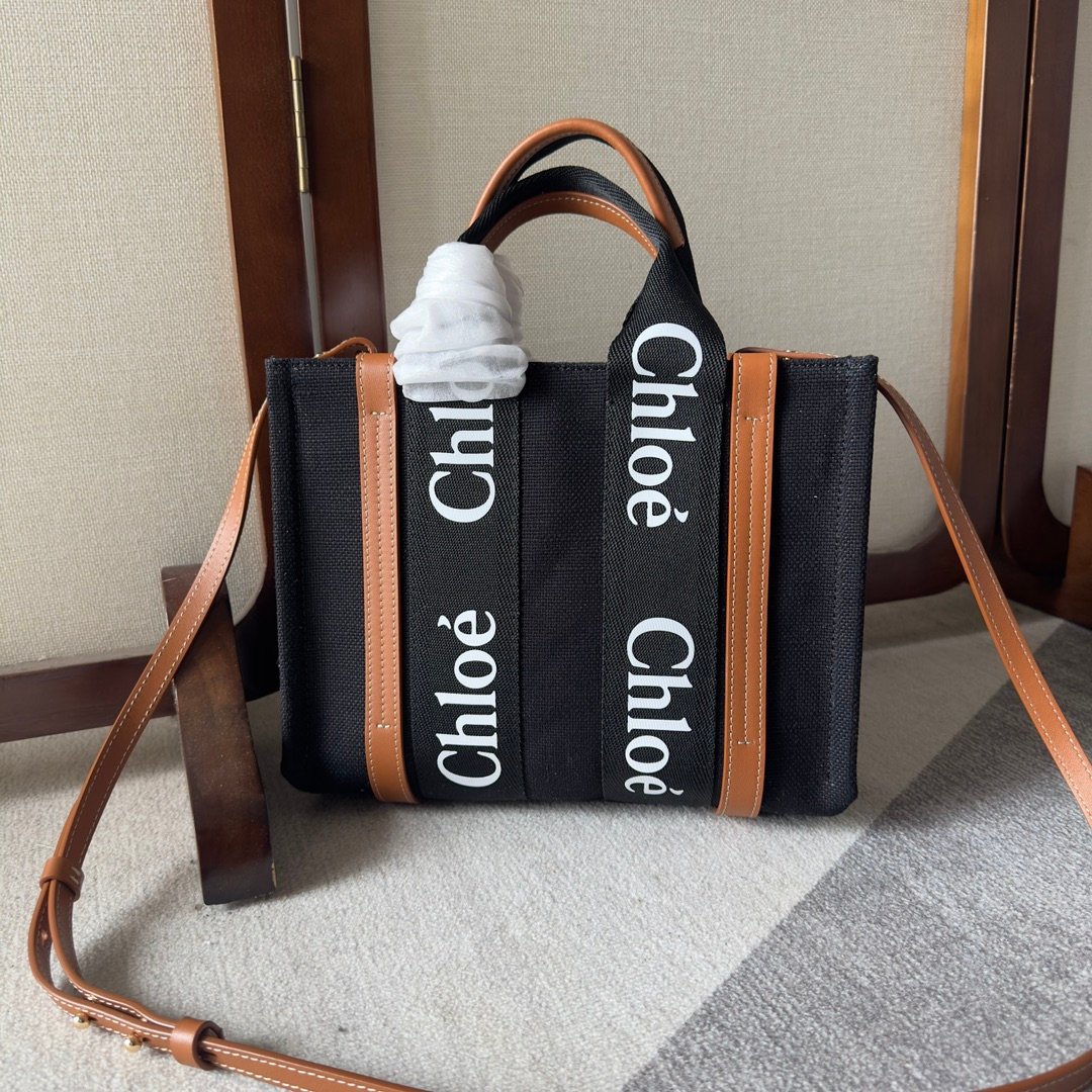 複刻奢侈包Chloe蔻依 Chloé標識亞麻帆布 Woody小號托特包 黑色