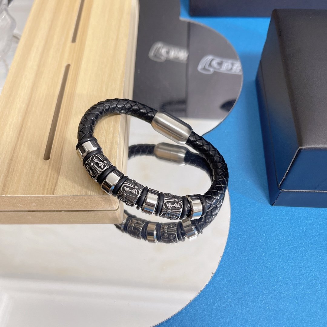 專櫃一比一Chrome Hearts克羅心飾品 雙十字架皮繩手镯手鍊