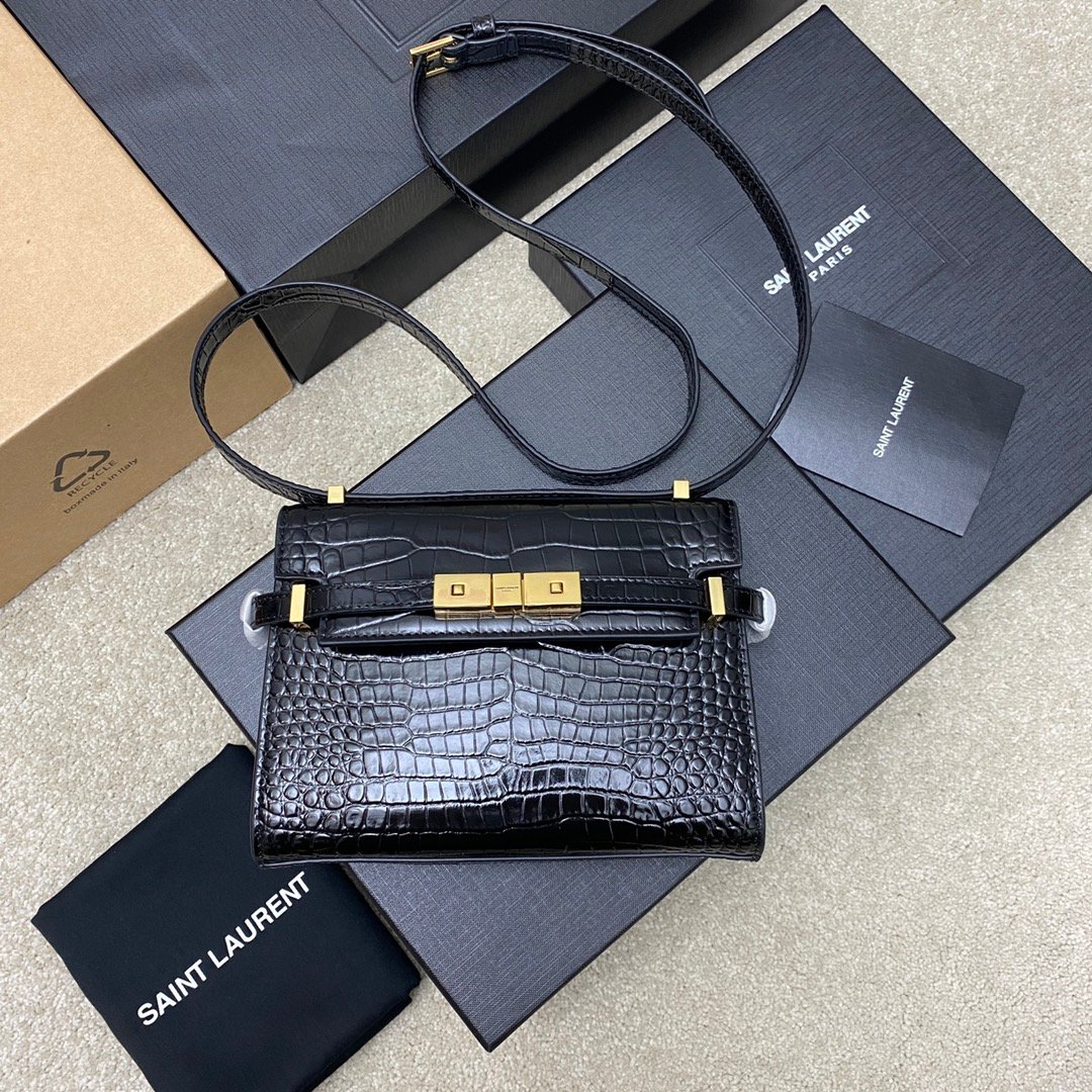 高仿YSL聖羅蘭包包 Manhattan BOX SAINT LAURENT mini 黑鱷/金