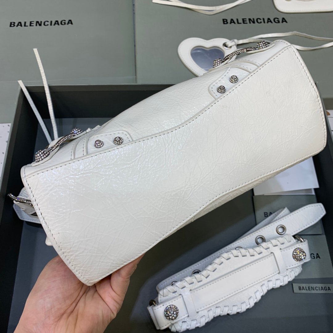 1比1原單BALENCIAGA巴黎世家包包 Neo cagole機車包 油蠟白帶鑽