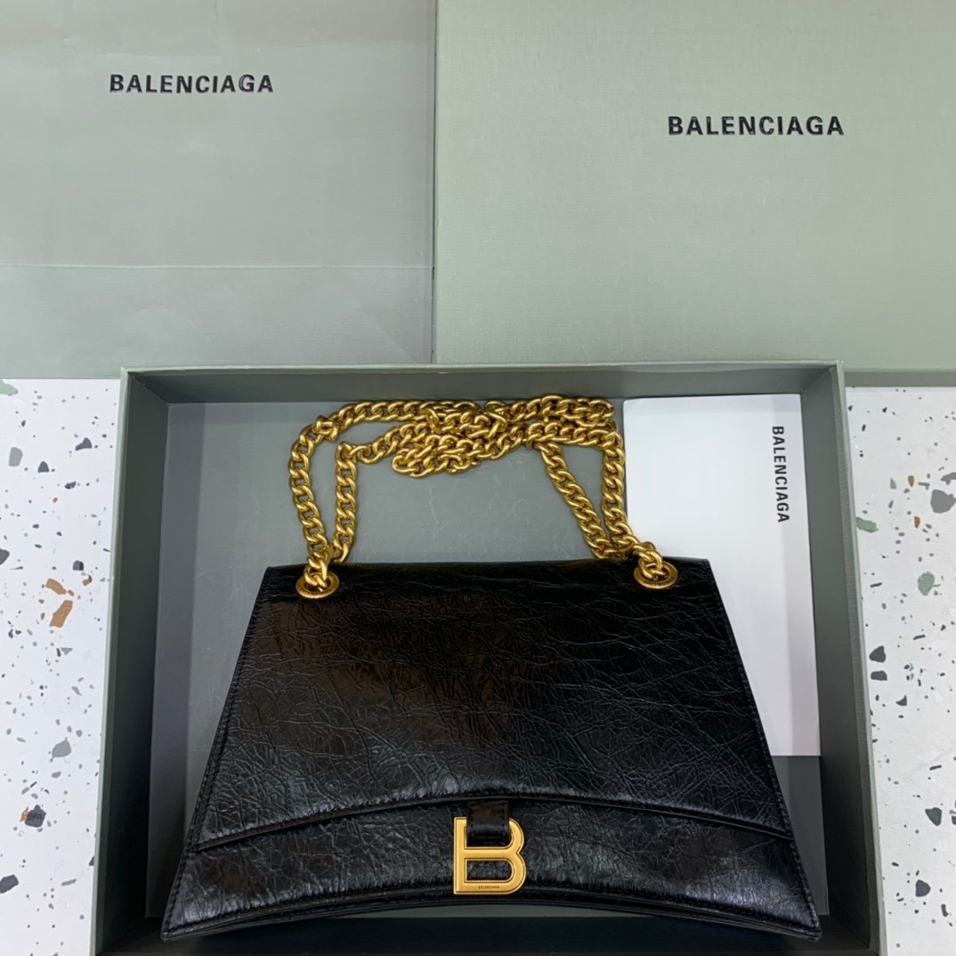 高仿奢侈品BALENCIAGA巴黎世家包包 crush最香沙漏鏈條包 中號爆裂黑色
