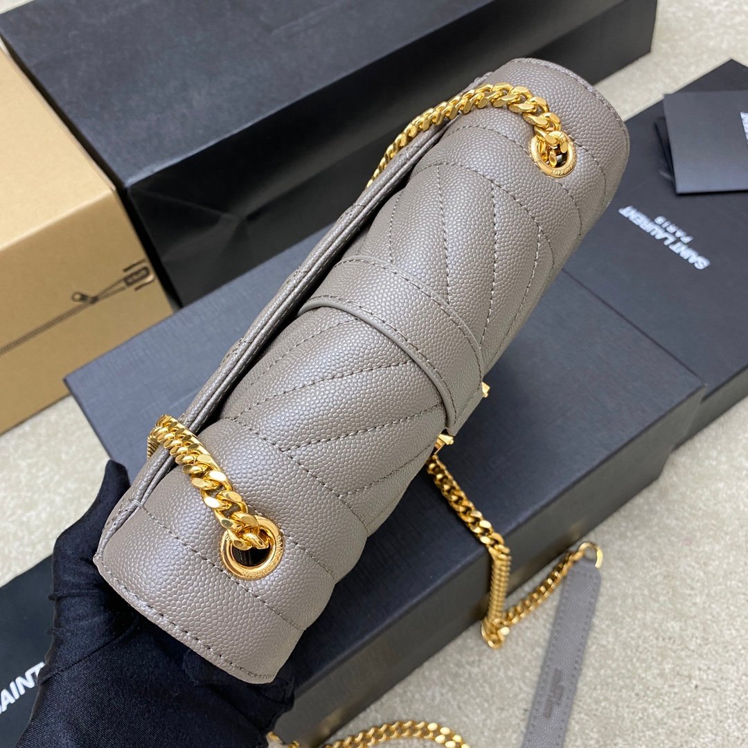 高仿YSL聖羅蘭包包 Envelope粒面絎縫皮革小型信封袋 灰色球紋/金扣