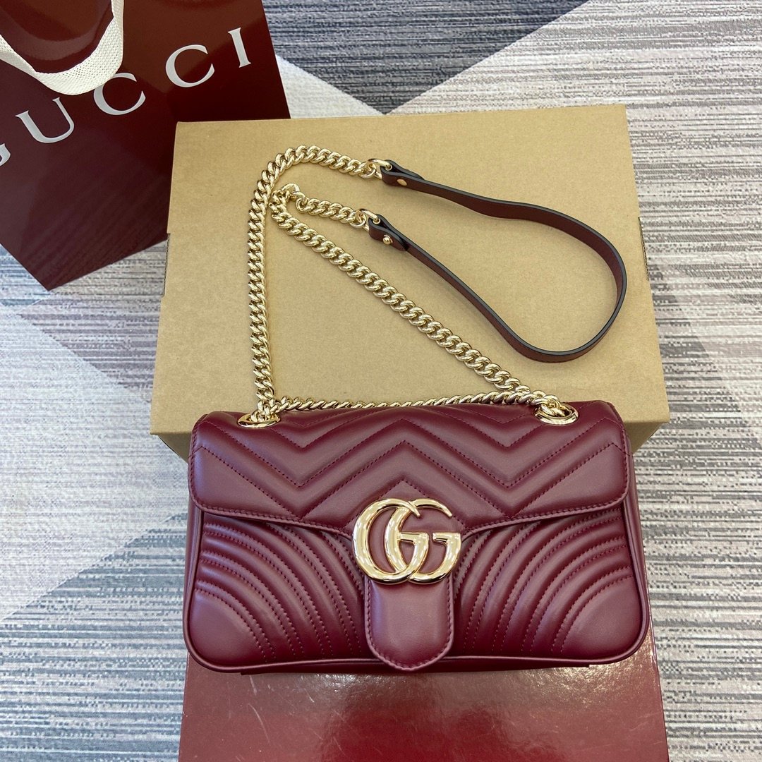 原單GUCCI古馳棗紅色中號GG Marmont系列鏈帶肩包443497
