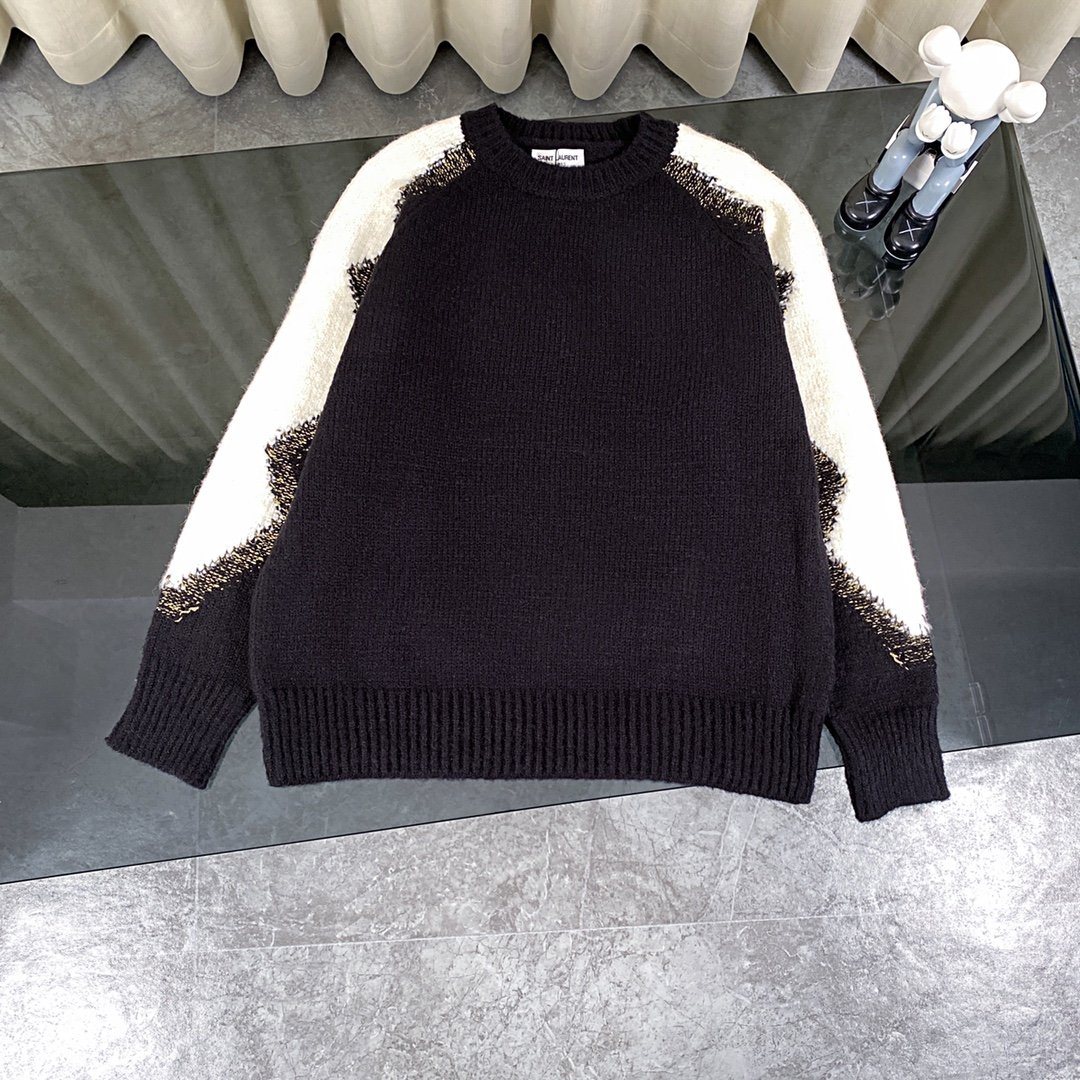 高仿精品YSL聖羅蘭新款全球限量发售圆领拼色纯棉毛衣男女同款