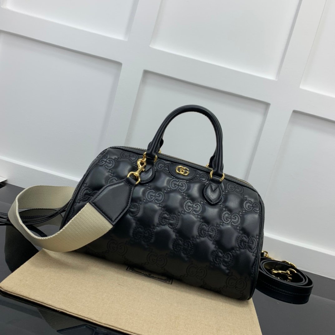原單GUCCI古驰新款黑色原廠皮波士頓包女款斜挎包702242