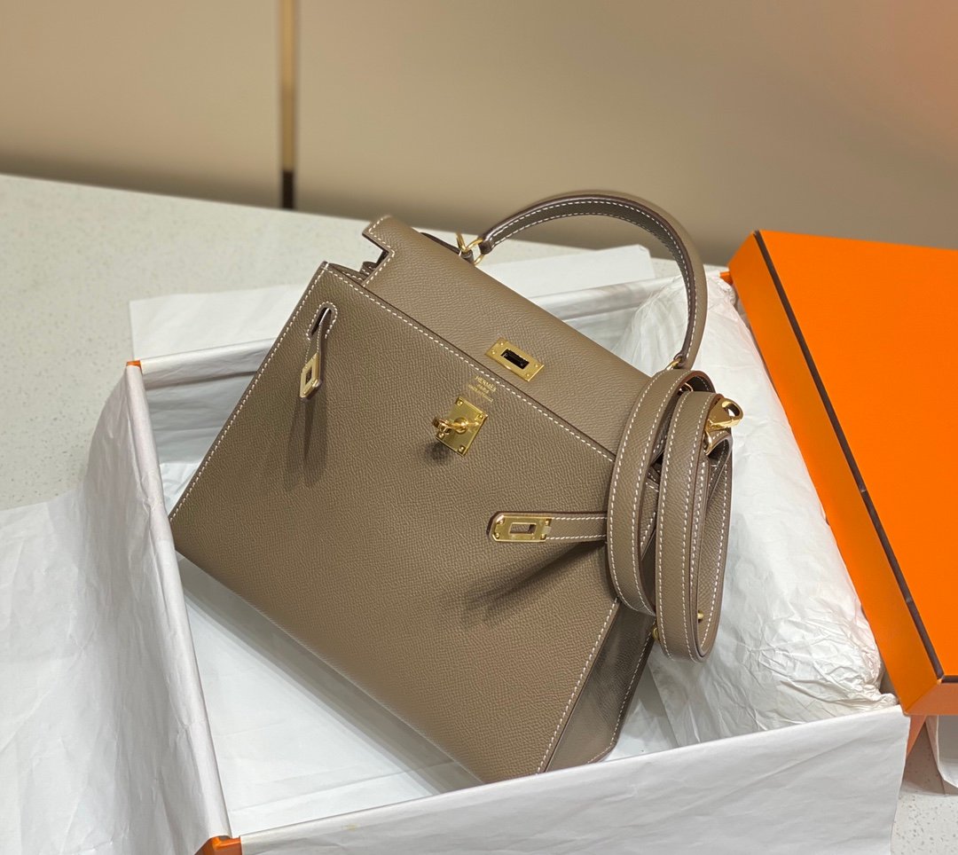 高仿精品Hermes愛馬仕新款大象灰金扣Epsom Kelly手提包25-28cm