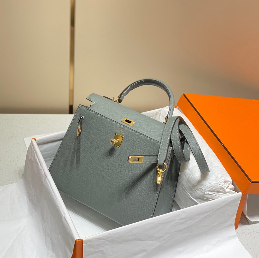 高仿網站Hermes愛馬仕新款杏仁綠金扣Epsom Kelly手提包25-28cm