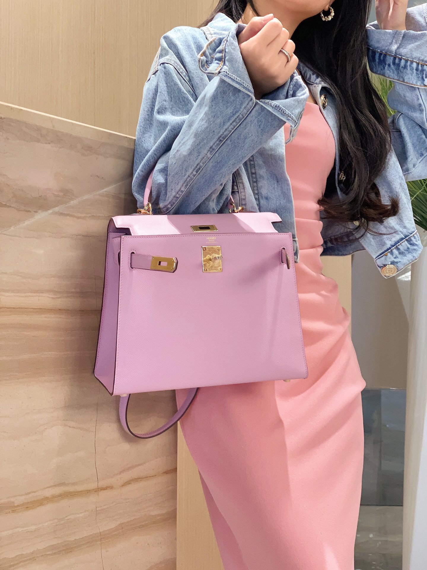 高仿網站Hermes愛馬仕新款錦葵紫金扣Epsom Kelly手提包25-28cm