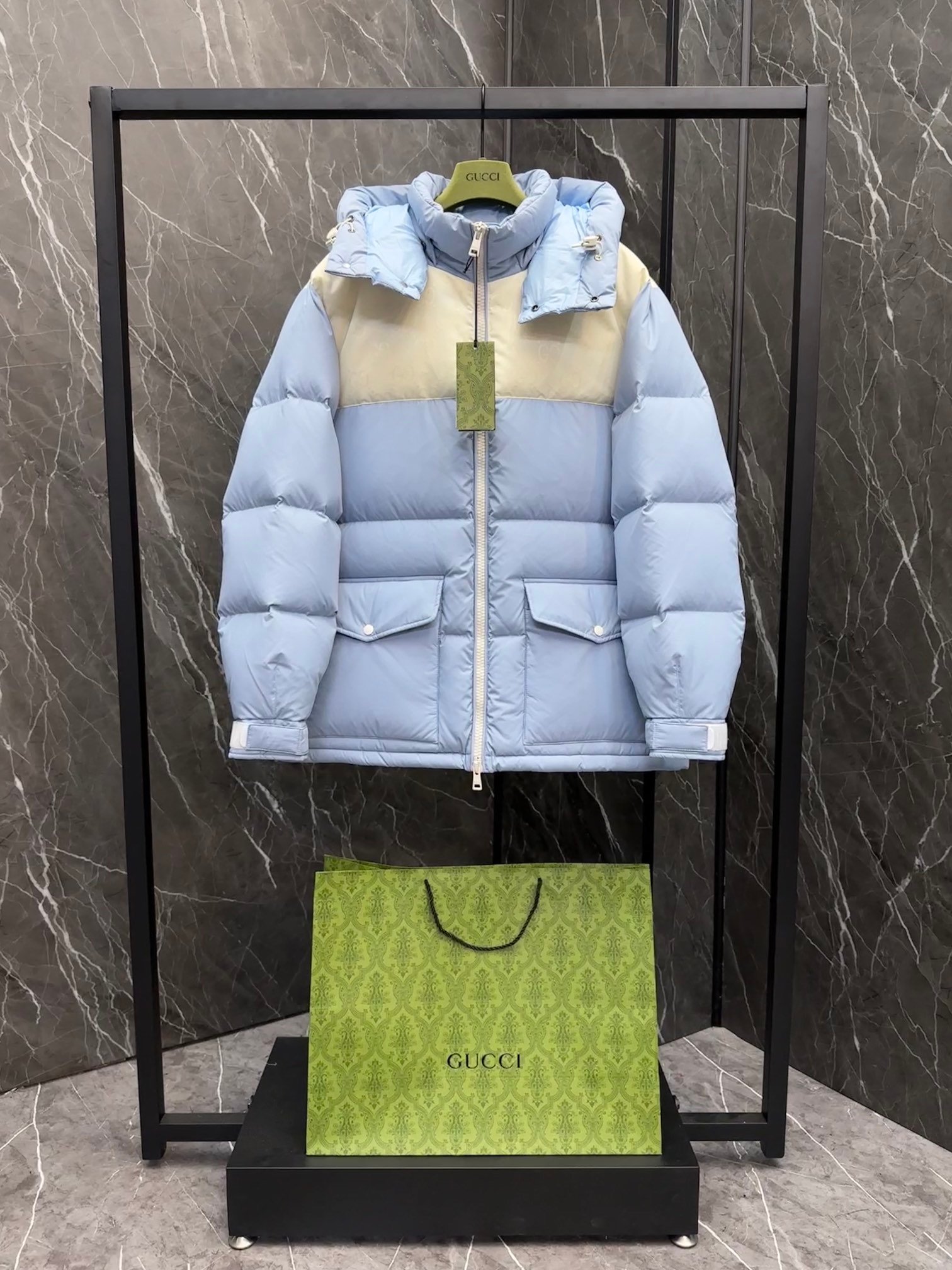 Gucci古驰頂級羽絨尼龍拼接GG帆布中長款羽絨夾克