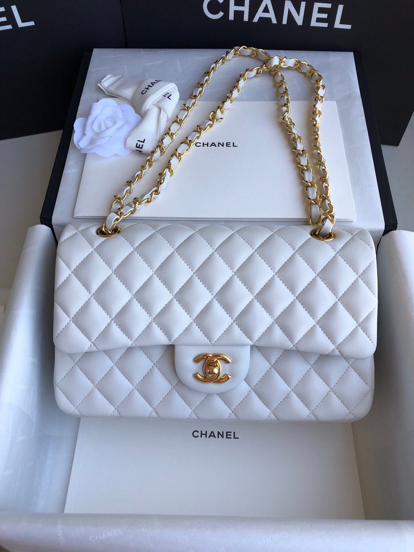 頂級chanel香奈兒 Classic Flap Bag小羊皮白色口蓋包
