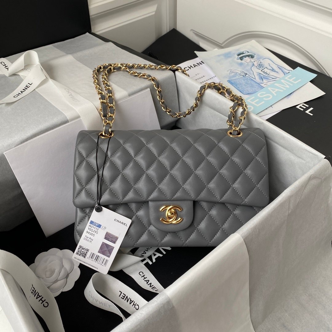 原單chanel香奈兒Classic Flap Bag 灰色金扣斜挎包A01112