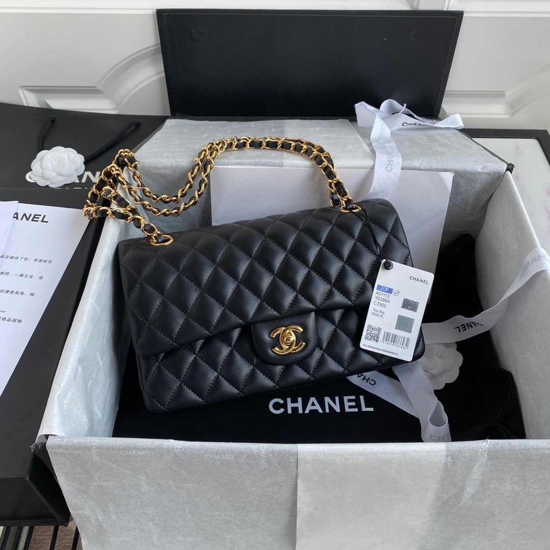 頂級chanel香奈兒Classic Flap Bag 黑色金扣斜挎包A01112