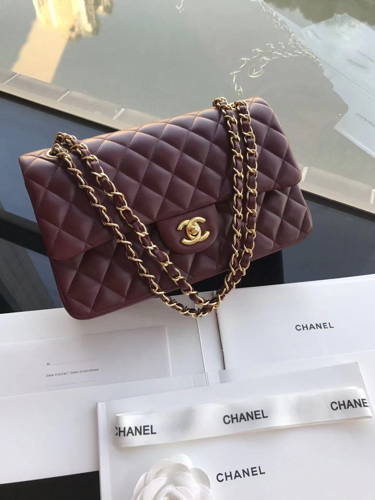 高仿chanel香奈兒Classic Flap Bag 棗紅色金扣斜挎包A01112