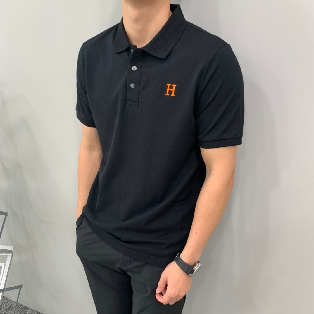 高仿Hermes愛馬仕新款男士翻領黑色POLO衫