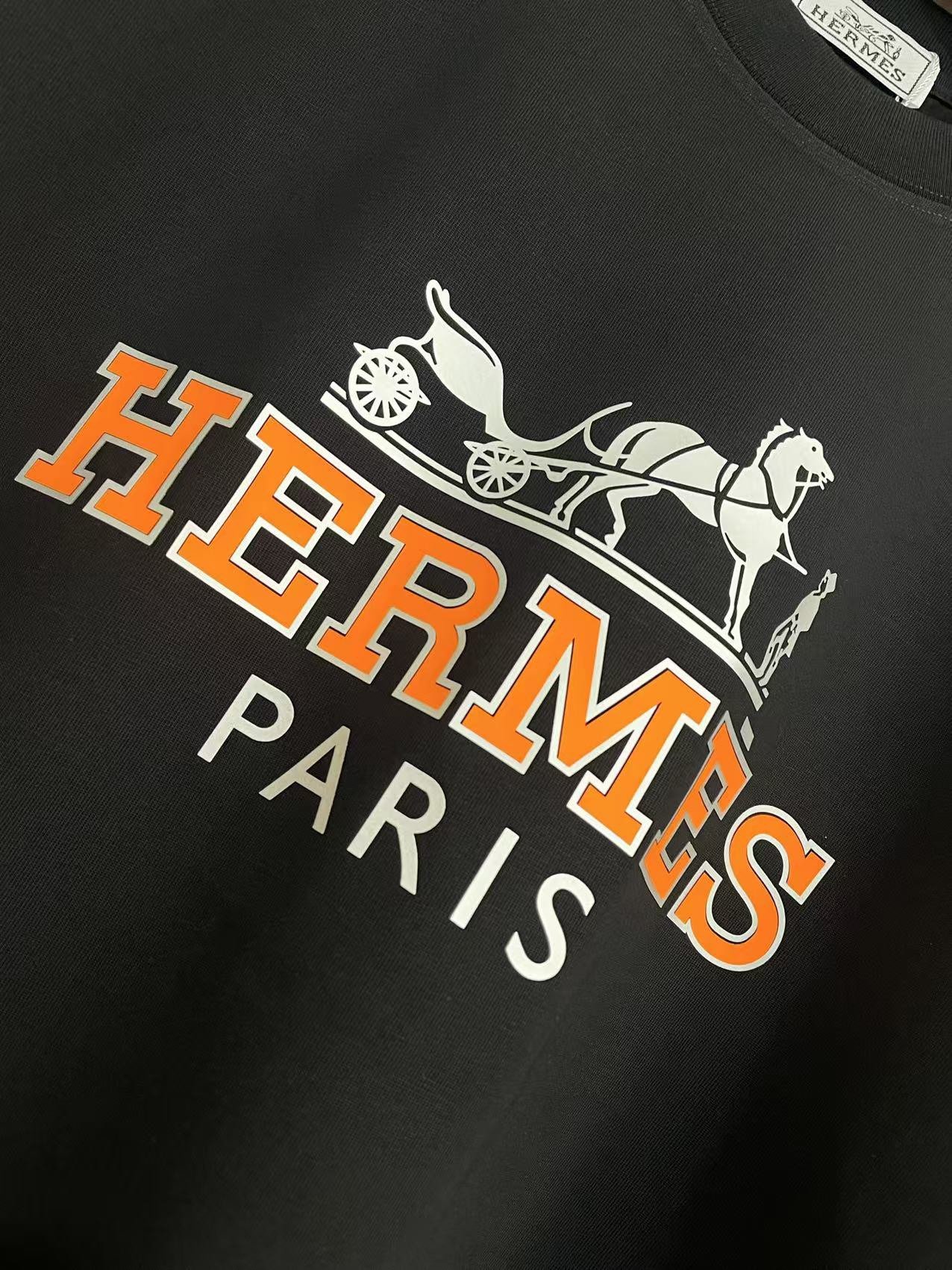 頂級Hermes愛馬仕新款壓膠工藝黑色短袖T恤