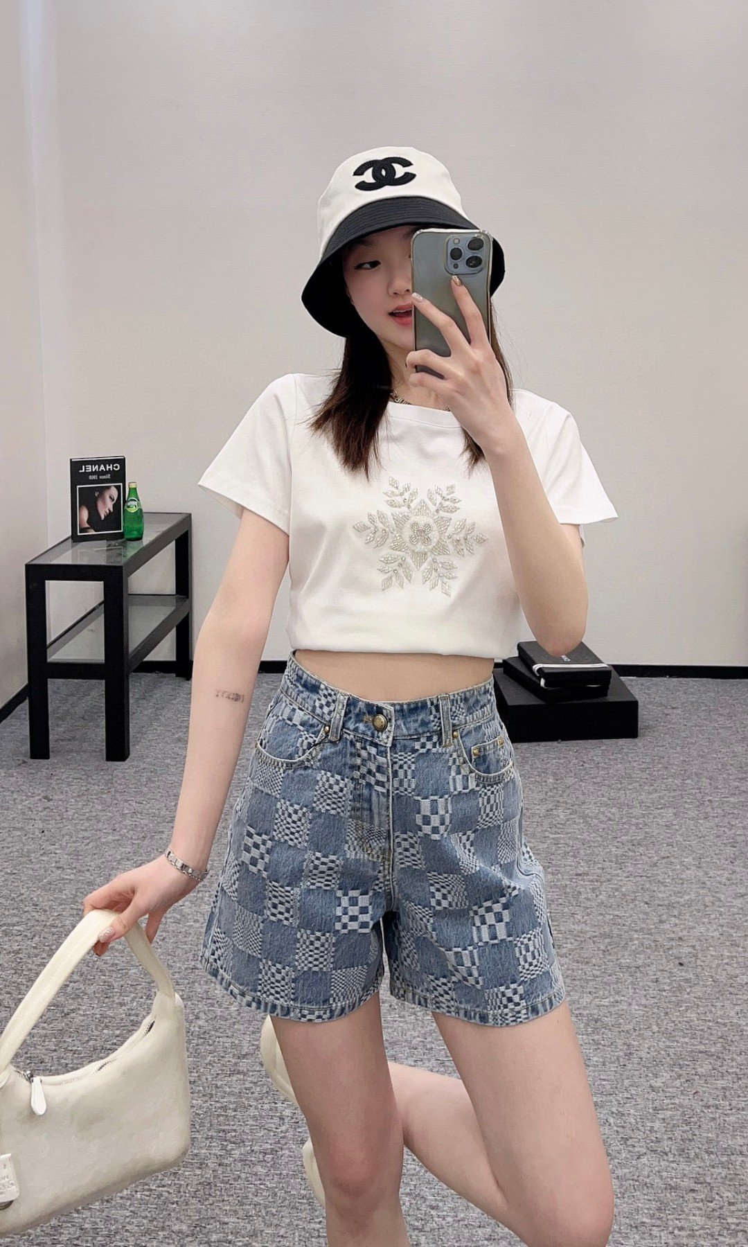 A貨LV2025新品女款提花格紋牛仔短褲