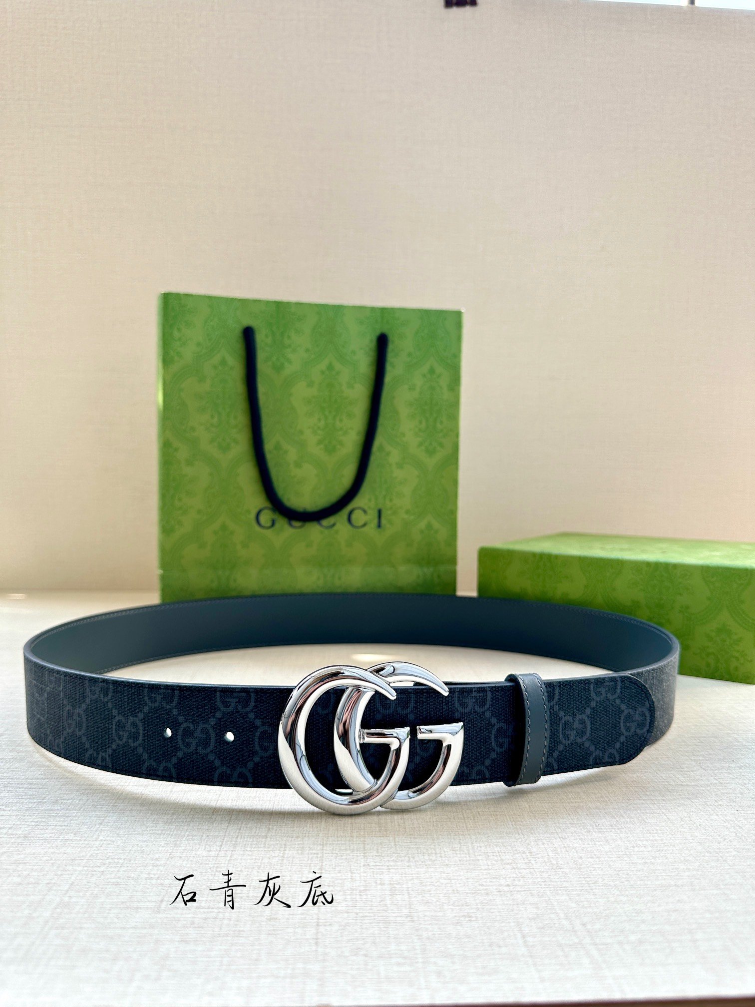 高仿皮帶古馳GUCCI新款石青灰底花紋接皮腰帶4.0cm