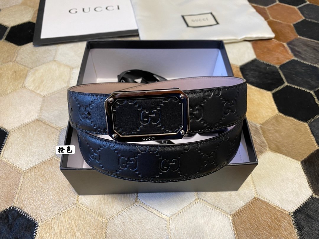 高仿皮帶古馳GUCCI雙G壓紋黑色進口牛皮腰帶3.8mm