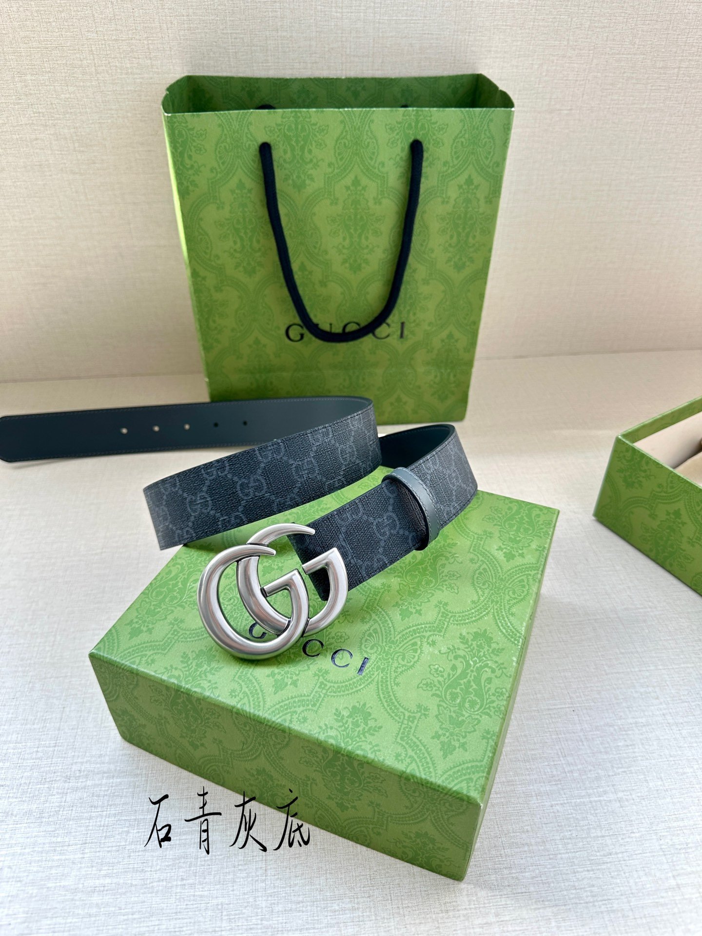 復刻古馳GUCCI新款石青灰底GG Supreme皮帶3.8cm