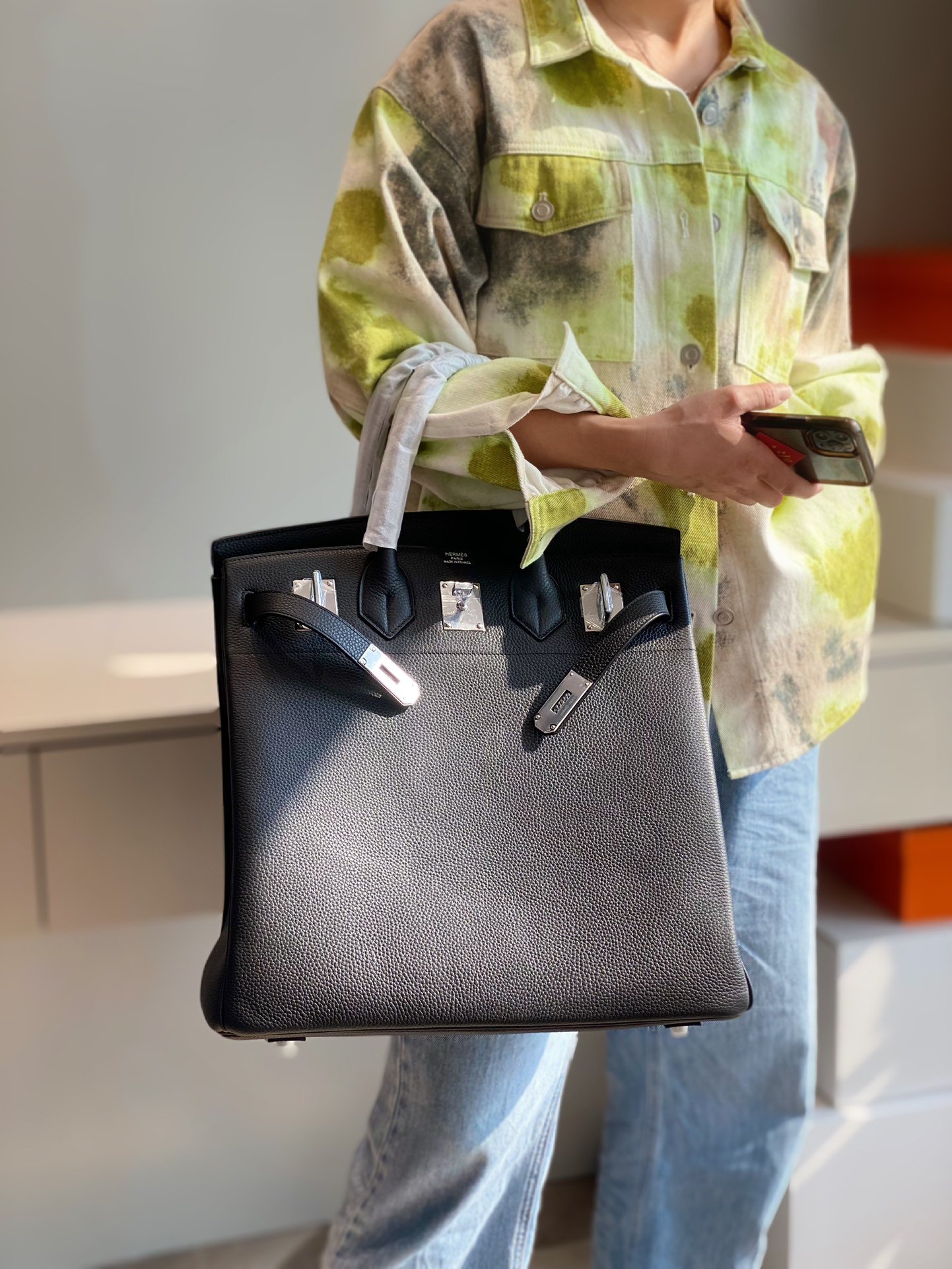 高仿包包Hermes愛馬仕新款Birkin HAC 38CM黑色銀扣手提包
