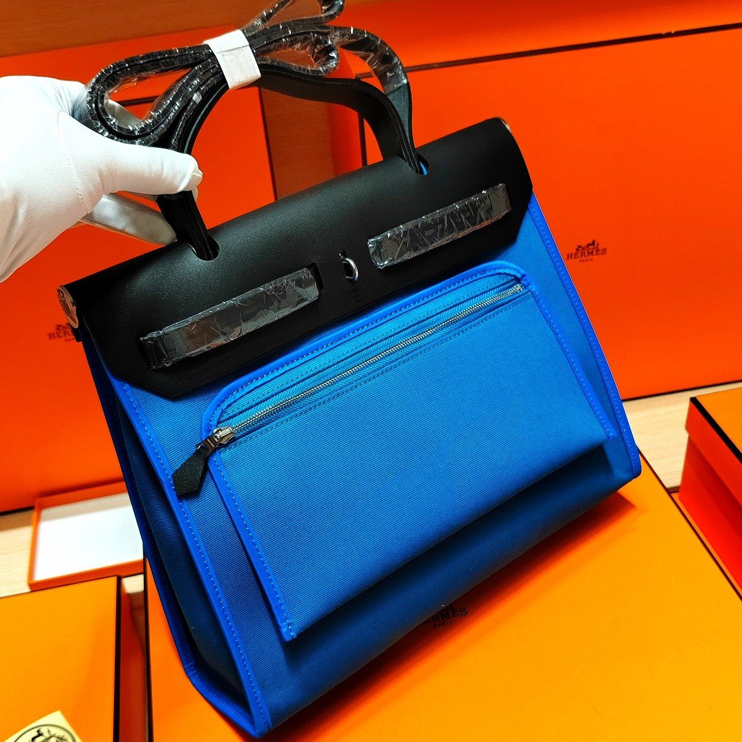 頂級Hermes愛馬仕bag31cm​經典帆布包外縫款​​水妖藍
