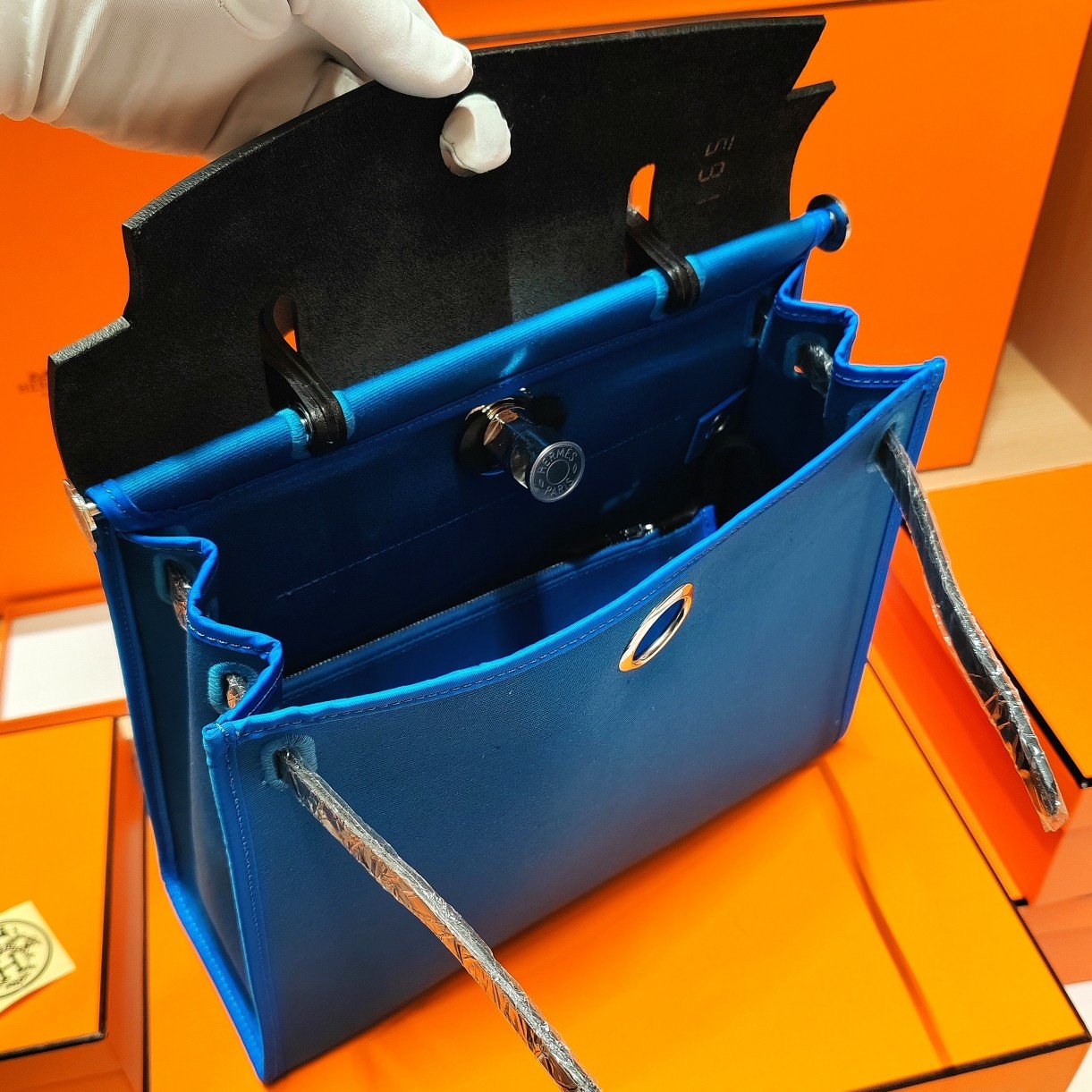 頂級Hermes愛馬仕bag31cm經典帆布包外縫款水妖藍