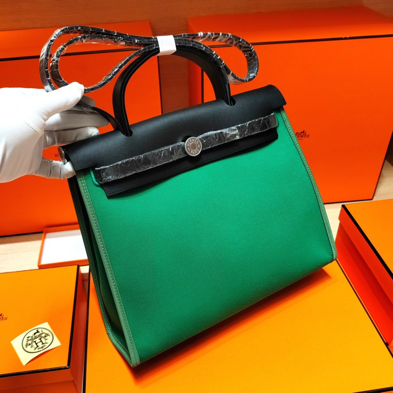 高仿網站Hermes愛馬仕bag31cm​經典帆布包外縫款​​竹子綠