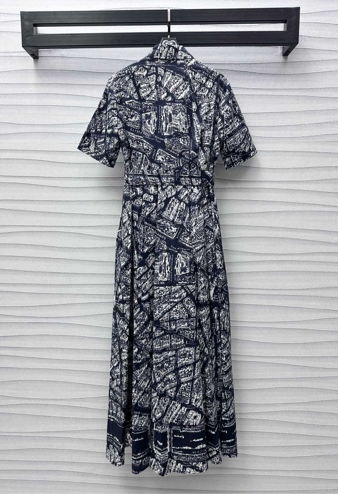 Dior 巴黎地圖印花連衣裙復刻版短袖收腰長裙 高級感仙氣飄逸款