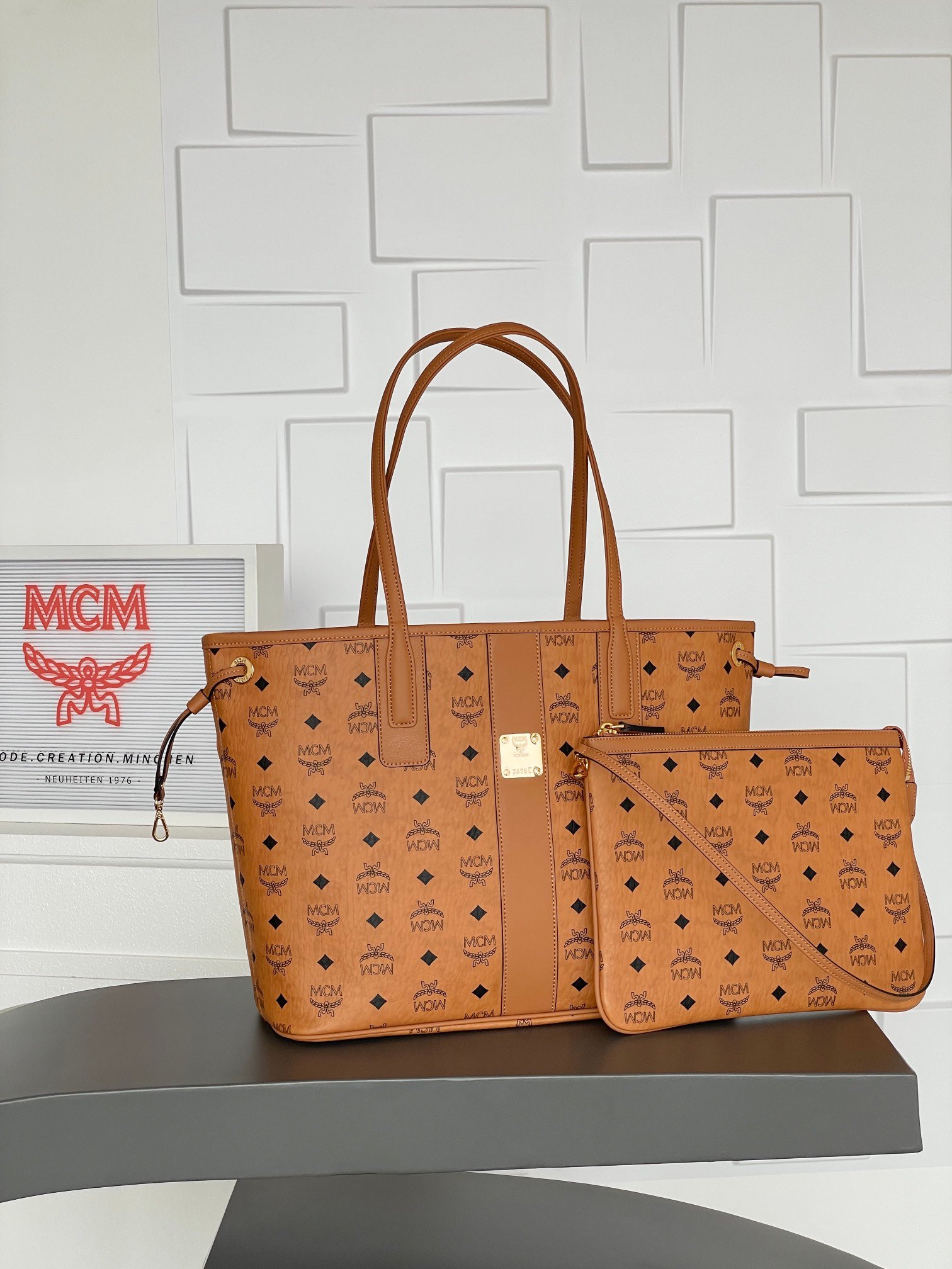 MCM Liz Visetos 小號子母包雙面購物袋經典棕色原單精品附手拿包