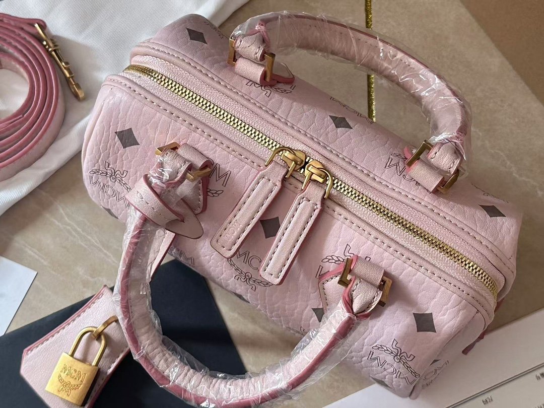 MCM Mini波士頓包ELLA VISETOS淺粉色高仿肩背包原單精品旅行風