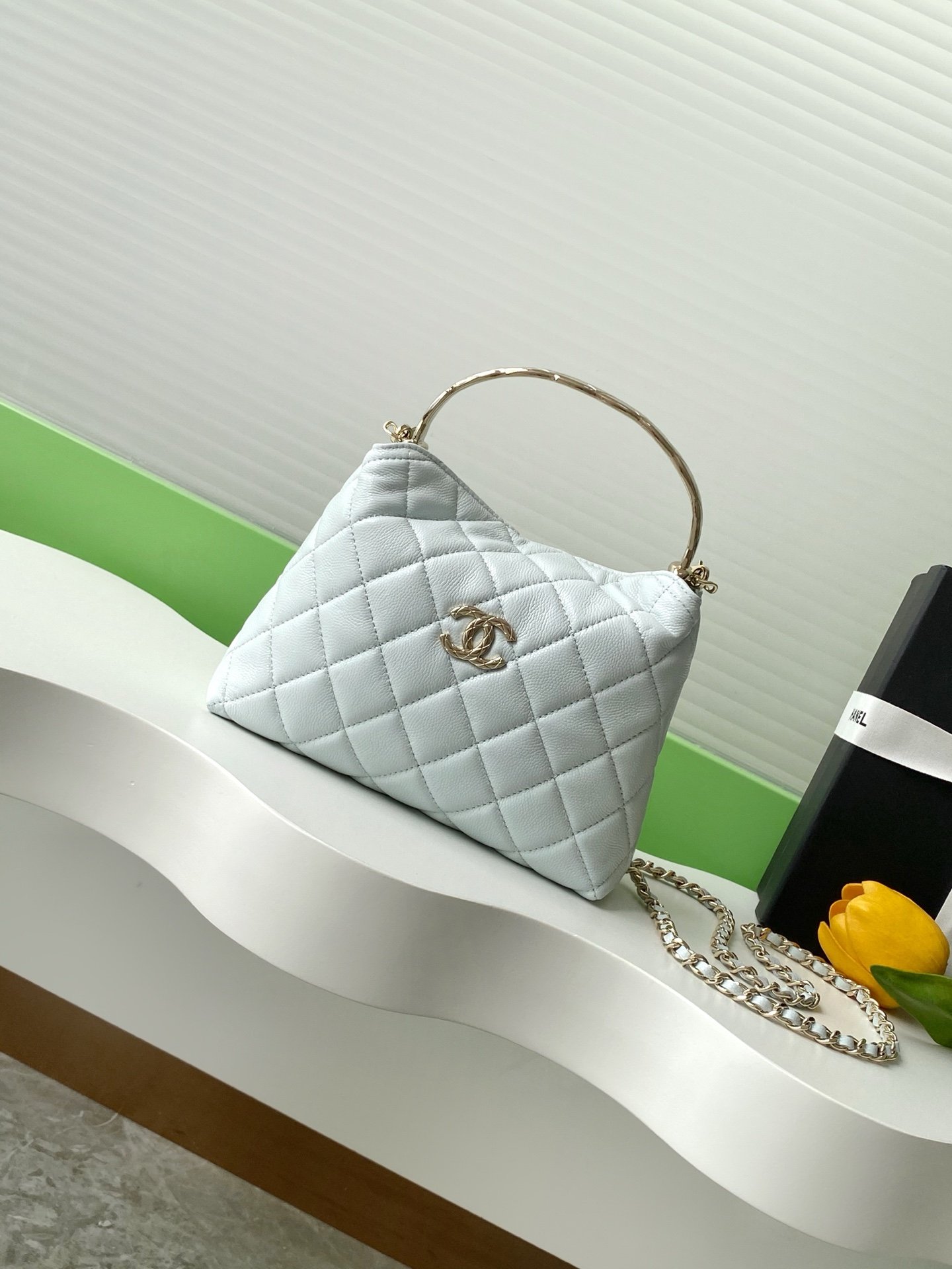 CHANEL 精品仿製冰川藍金屬手提包 鏈條斜背可肩背菱格包
