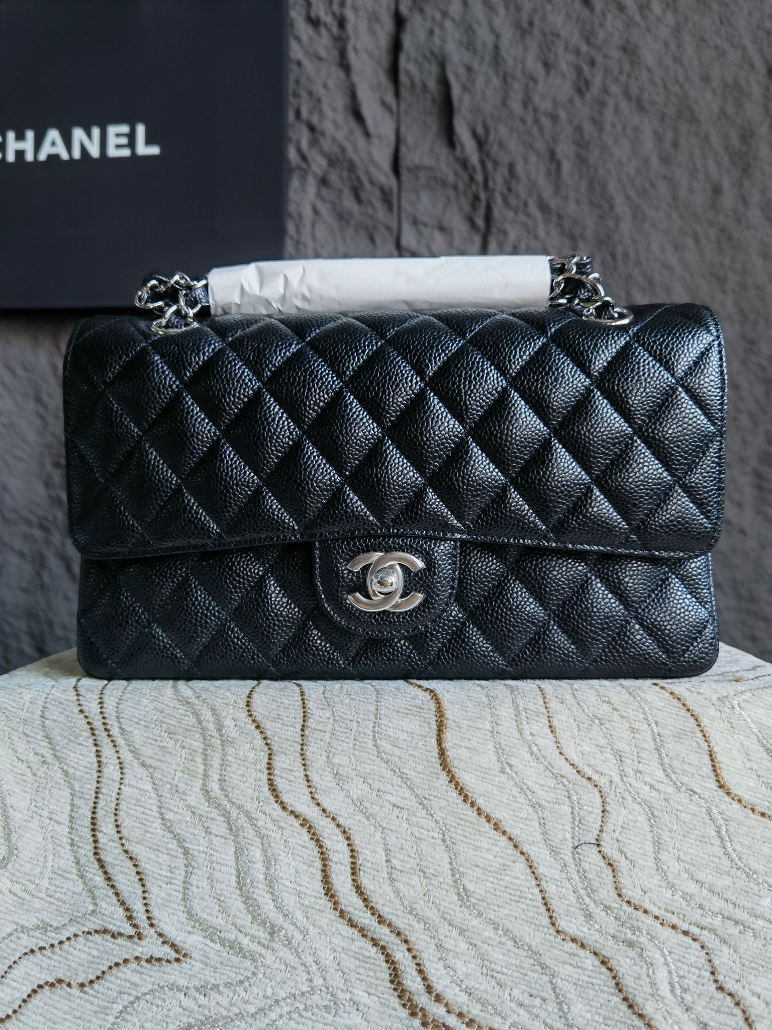 Chanel復刻版黑銀CF手提包25.5cm精鋼五金三角側面設計Haas皮時尚AS1112