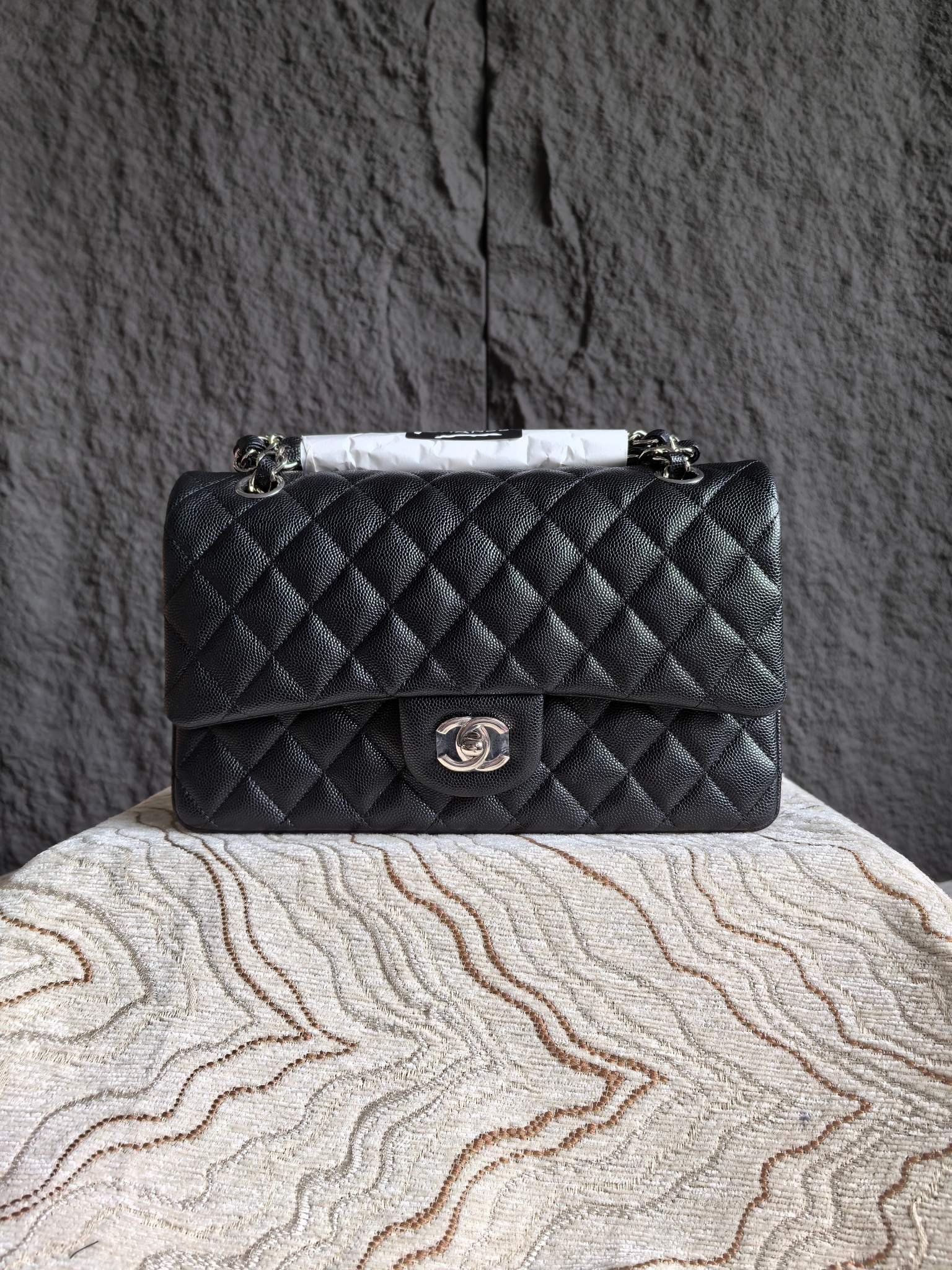 Chanel精品仿製黑銀CF手提包23/25.5cm無車邊純原工藝立體三角剪裁AS1113