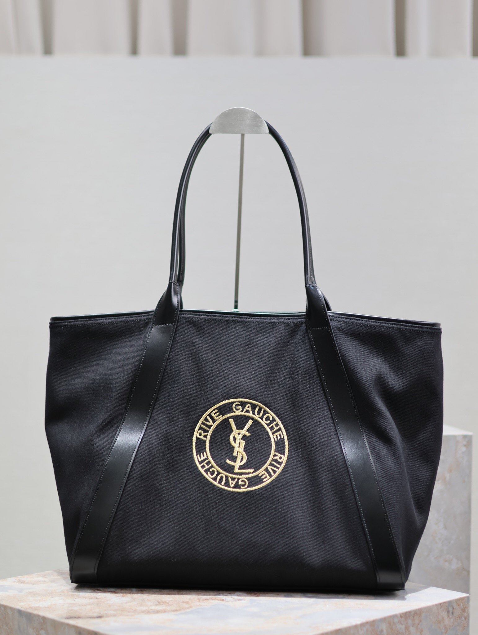 Saint Laurent原單RIVE GAUCHE刺繡牛皮購物袋黑色隨性氣質大容量設計感780096