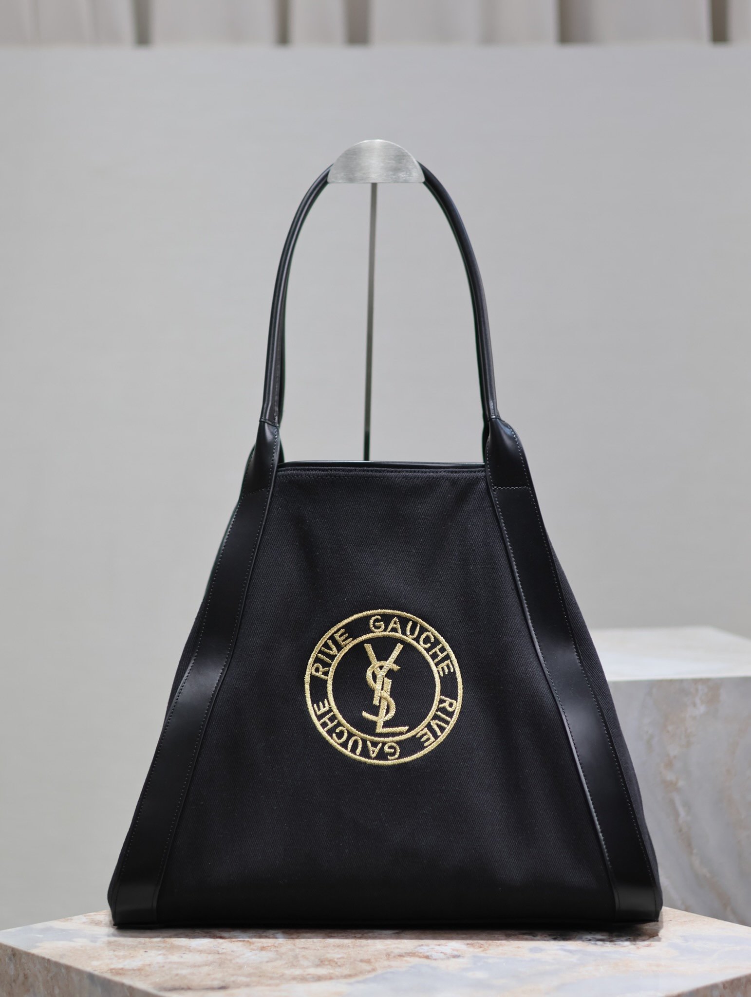 Saint Laurent原單RIVE GAUCHE刺繡牛皮購物袋黑色隨性氣質大容量設計感780096