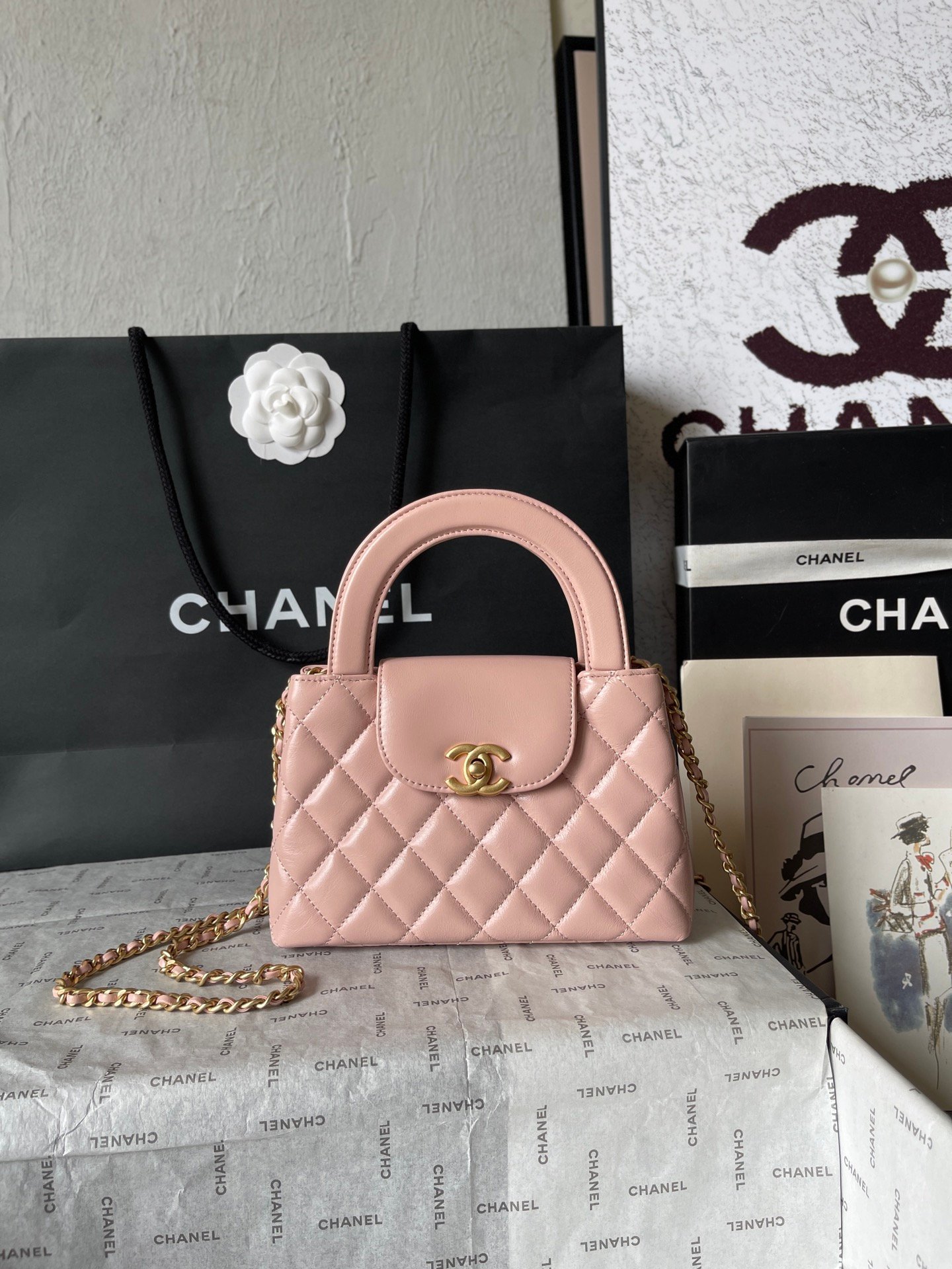 Chanel復刻版淺粉手提包金鏈菱格柔美典雅氣質法式復古風AS4416