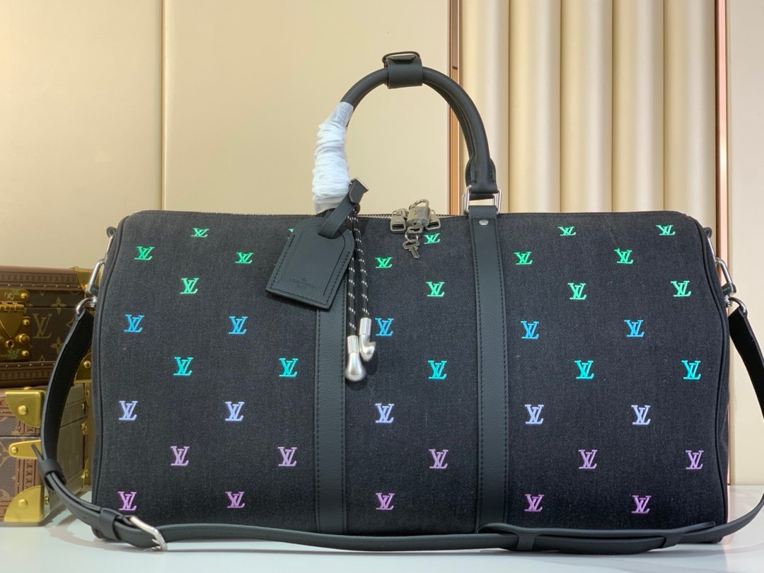LV一比一Keepall50丹寧旅行袋刺繡字母款音樂主題設計潮流精品復刻m13966