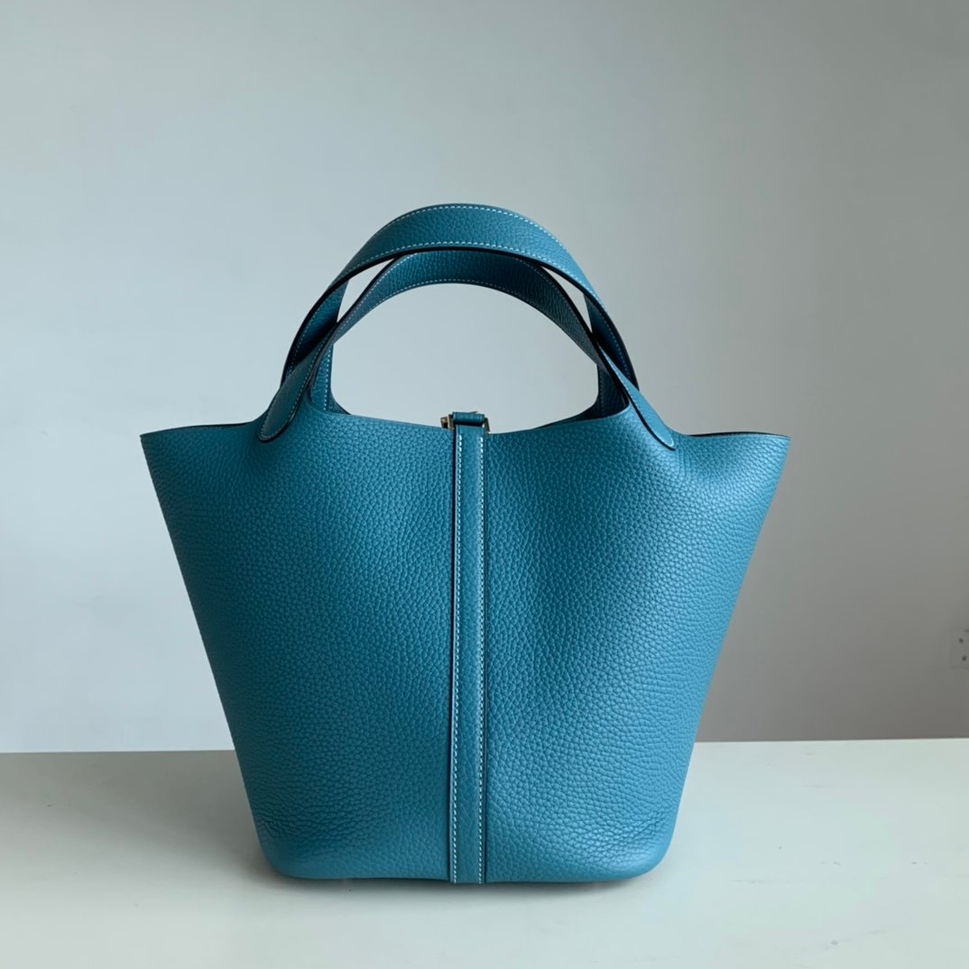 Hermès 原單 Picotin 22菜籃包 牛仔藍金扣 TC皮革 手工縫線 休閒法式風格
