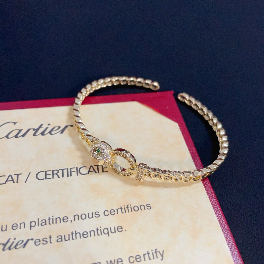 卡地亞 Cartier 鑲鑽豹頭手鐲｜高端定制 V金材質｜經典男女百搭款
