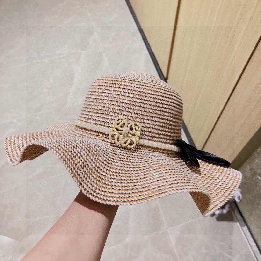 LOEWE 罗意威 2025新款 荷叶边珍珠大沿礼帽盆帽 女士草帽 配防尘袋 可调节绳