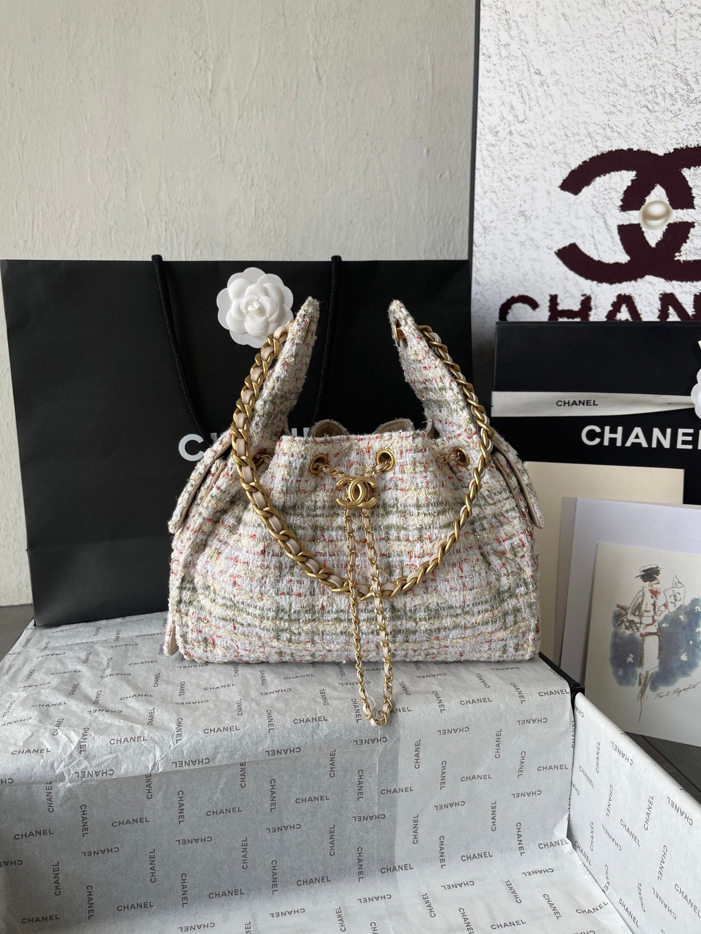 Chanel高仿25C早春多口袋Hobo包粗花呢雙C迷你款
