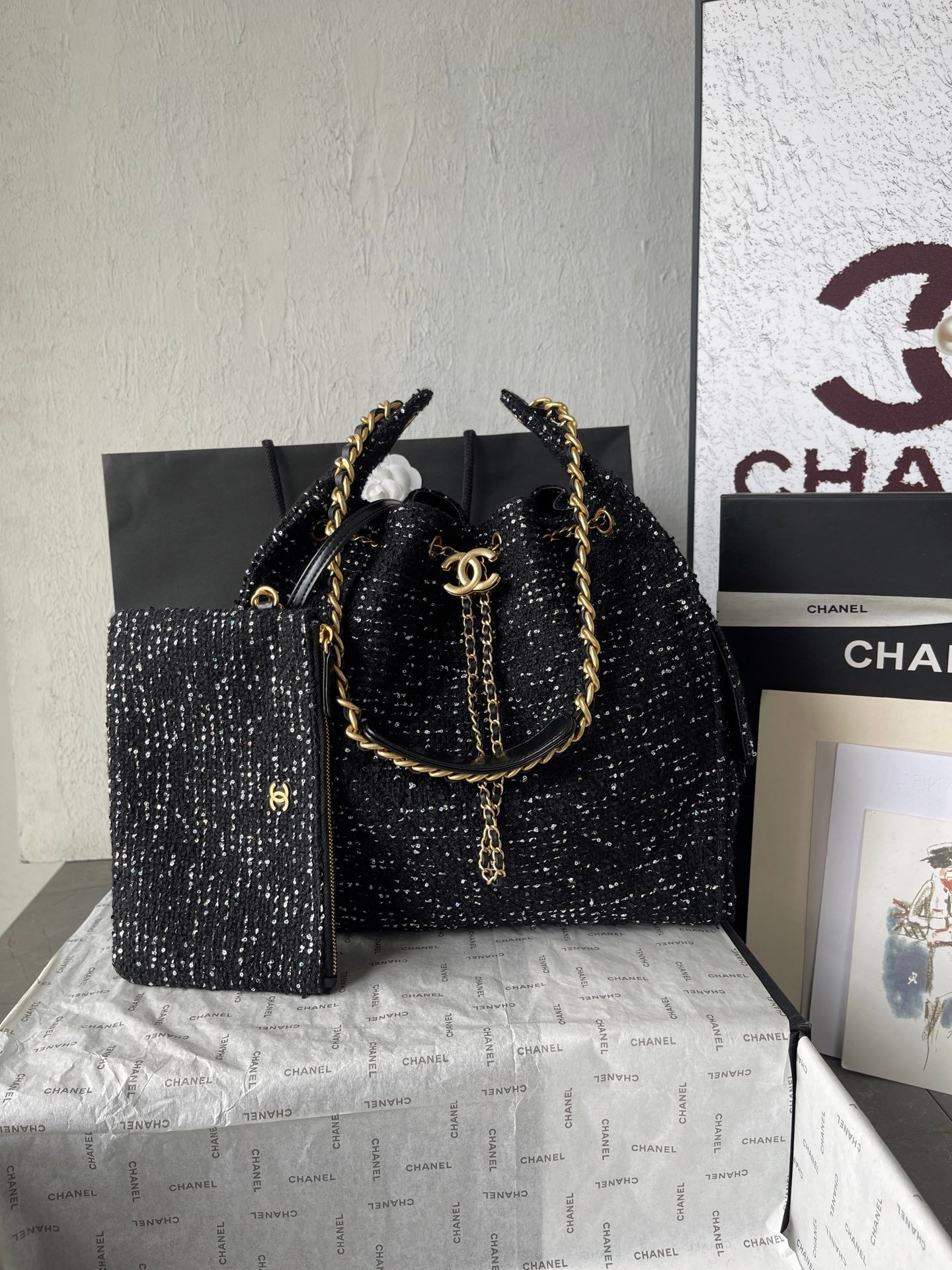 Chanel高仿25C早春多口袋Hobo包粗花呢雙C王者款
