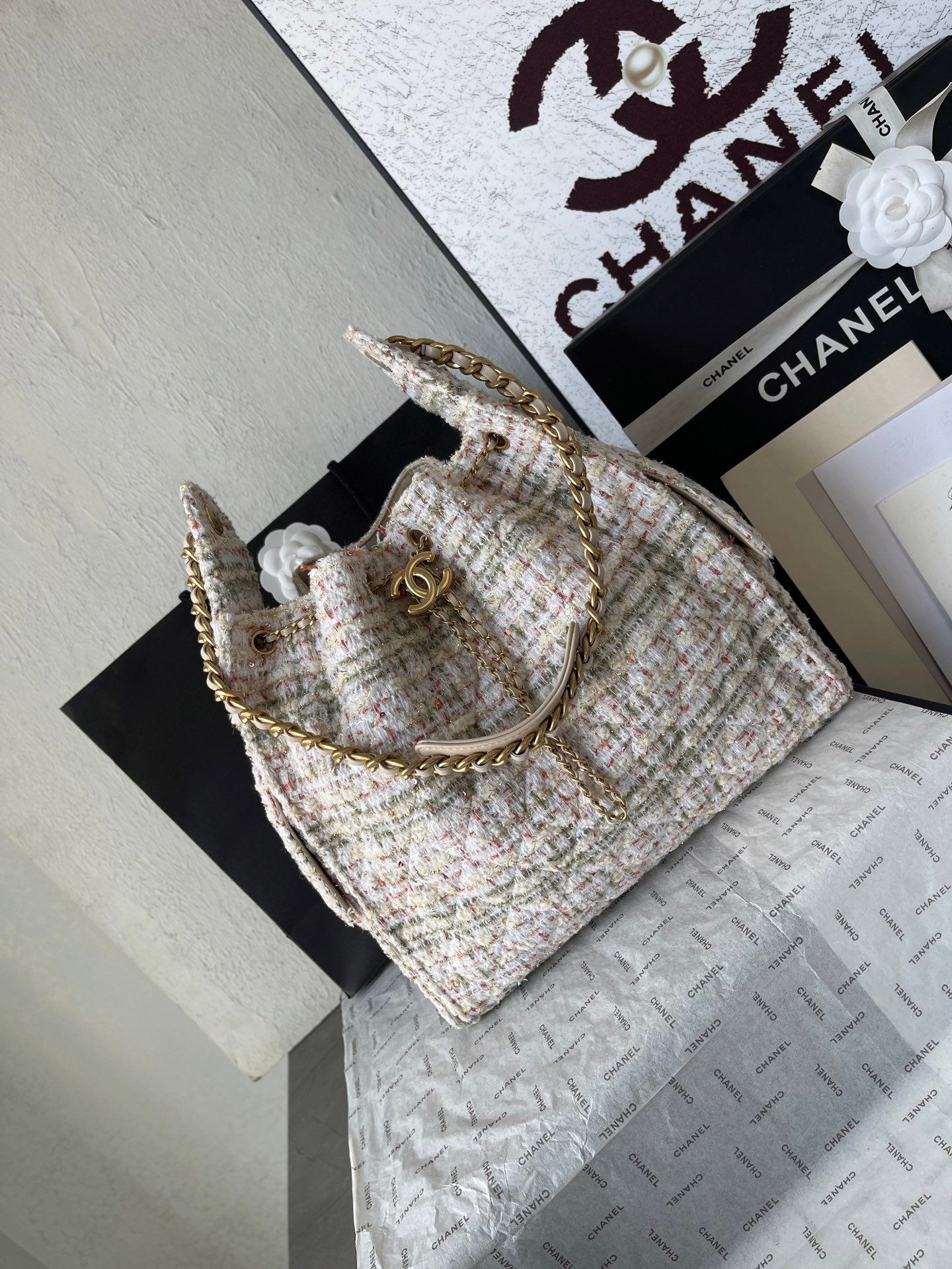Chanel高仿25C早春多口袋Hobo包粗花呢雙C經典款