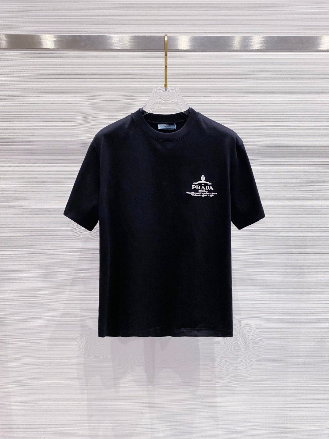 PRADA高仿黑色短袖T恤2025春夏男女同款重工字母LOGO