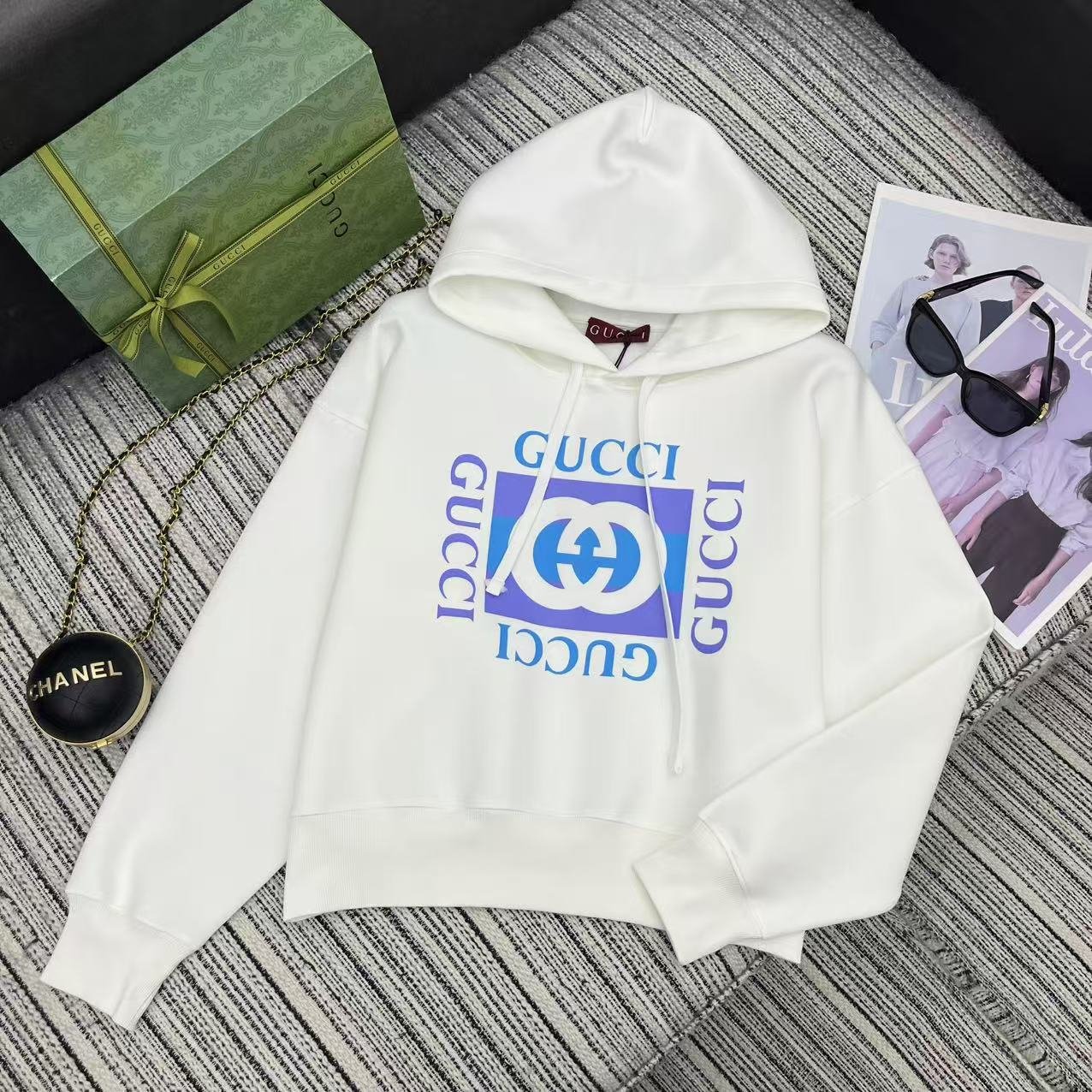 Gucci高仿白色25FW早秋方塊字母印花連帽衛衣 寬鬆休閒運
