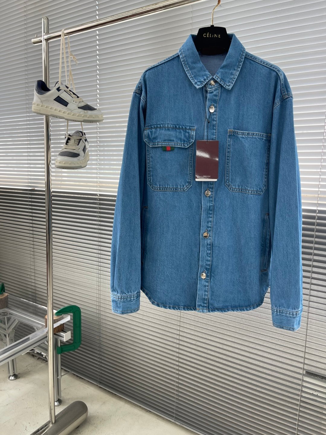 GUCCI 頂級原單25新款寬鬆版牛仔襯衫 紅綠織帶細節 丹寧休閒風