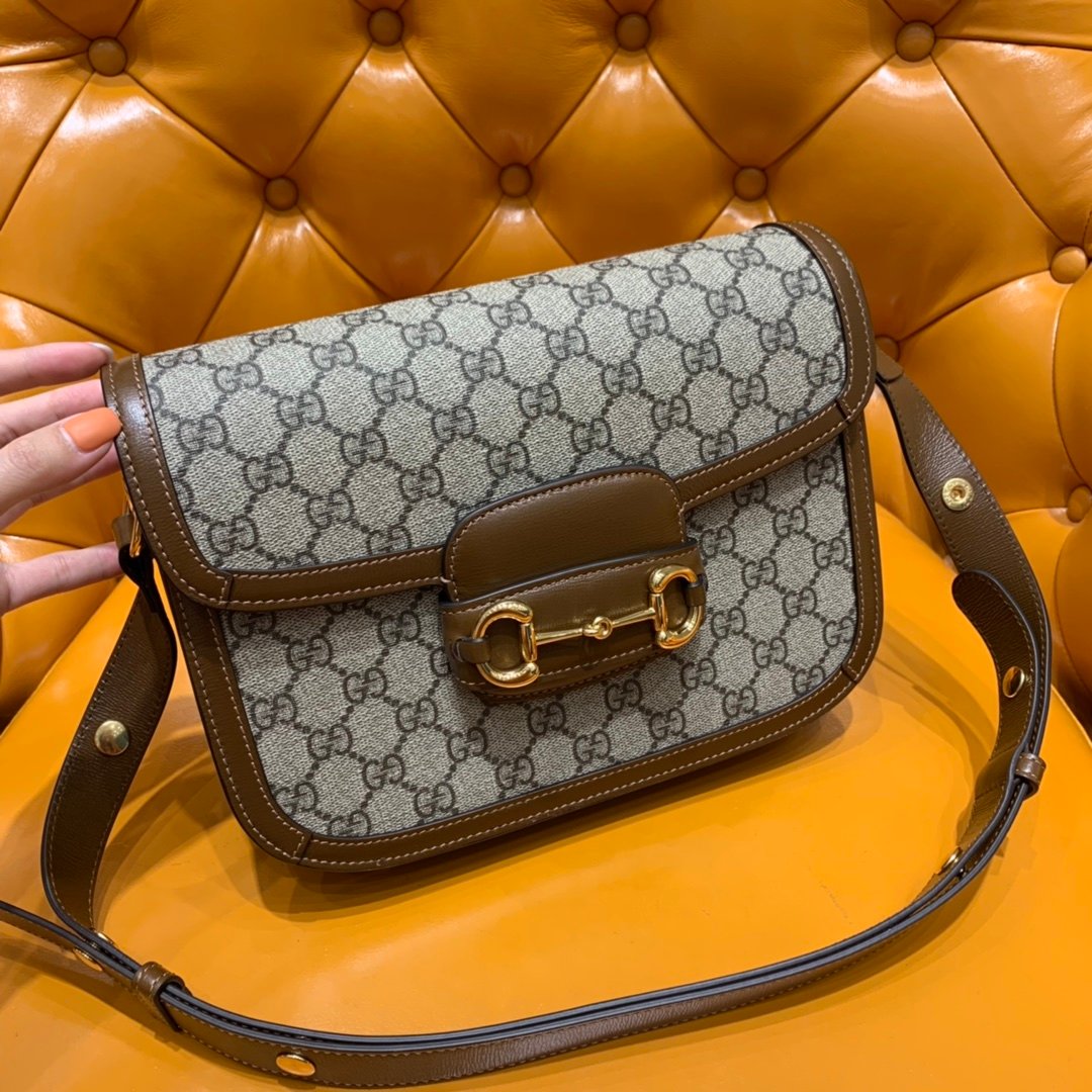Gucci 1955 Horsebit Bag 602204 高端原單 馬銜扣棕色牛皮拼PVC 可調肩帶