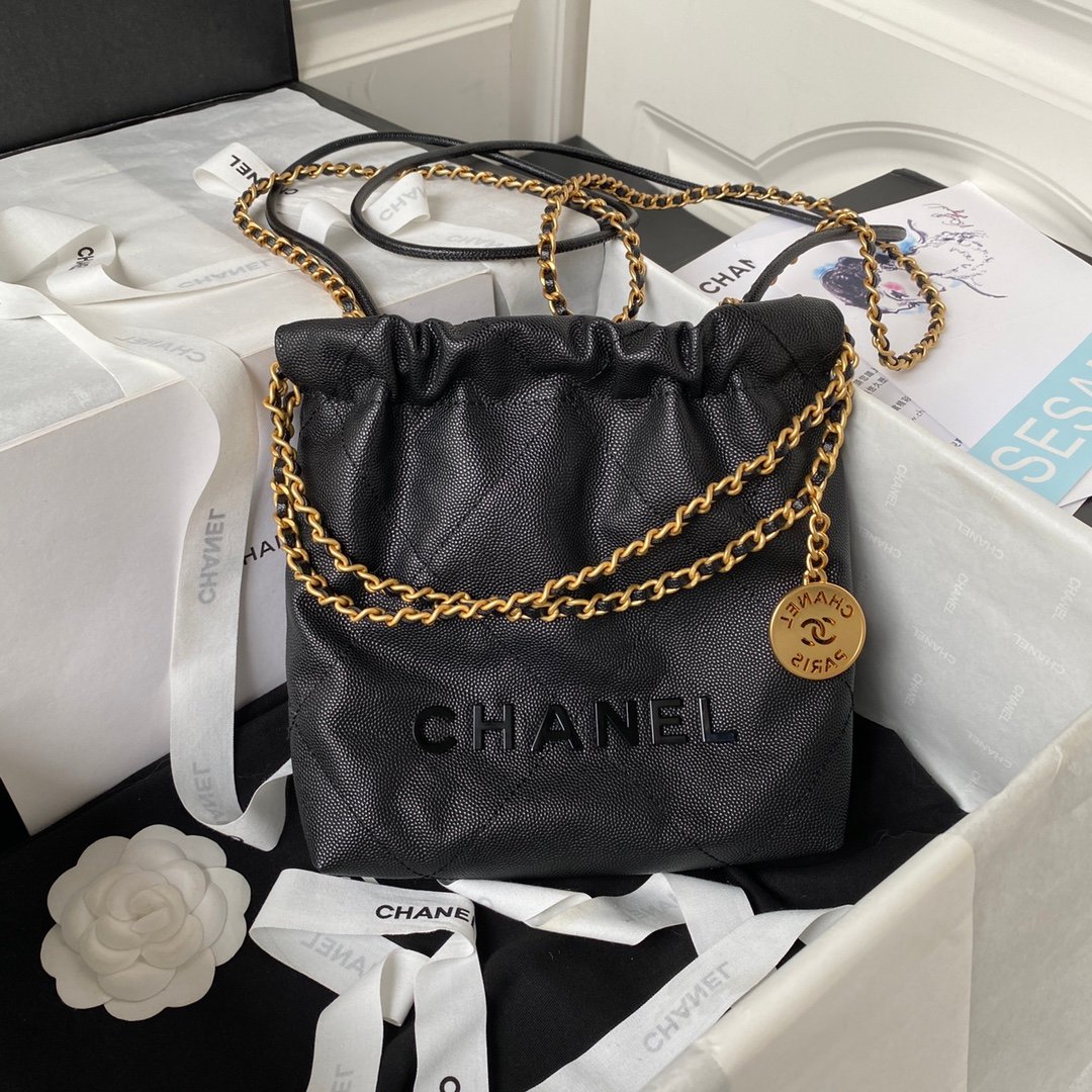 Chanel香奈兒高仿AS3980 mini22顆粒皮迷你包經典黑色鏈條